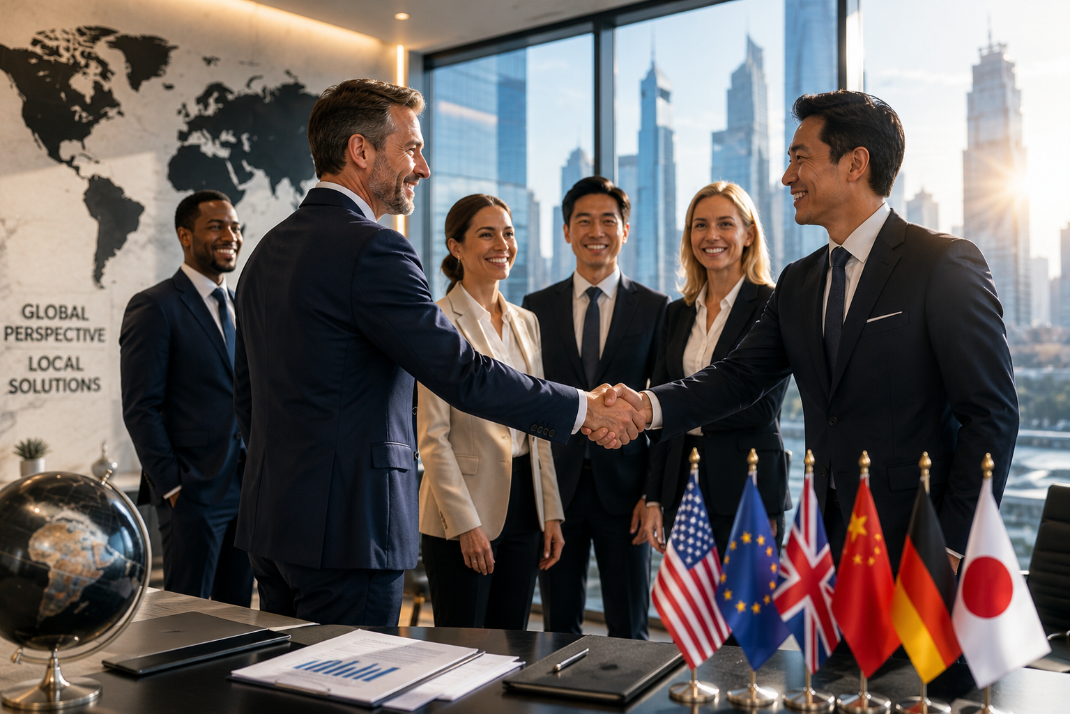 International business partners closing a deal across multiple jurisdictions