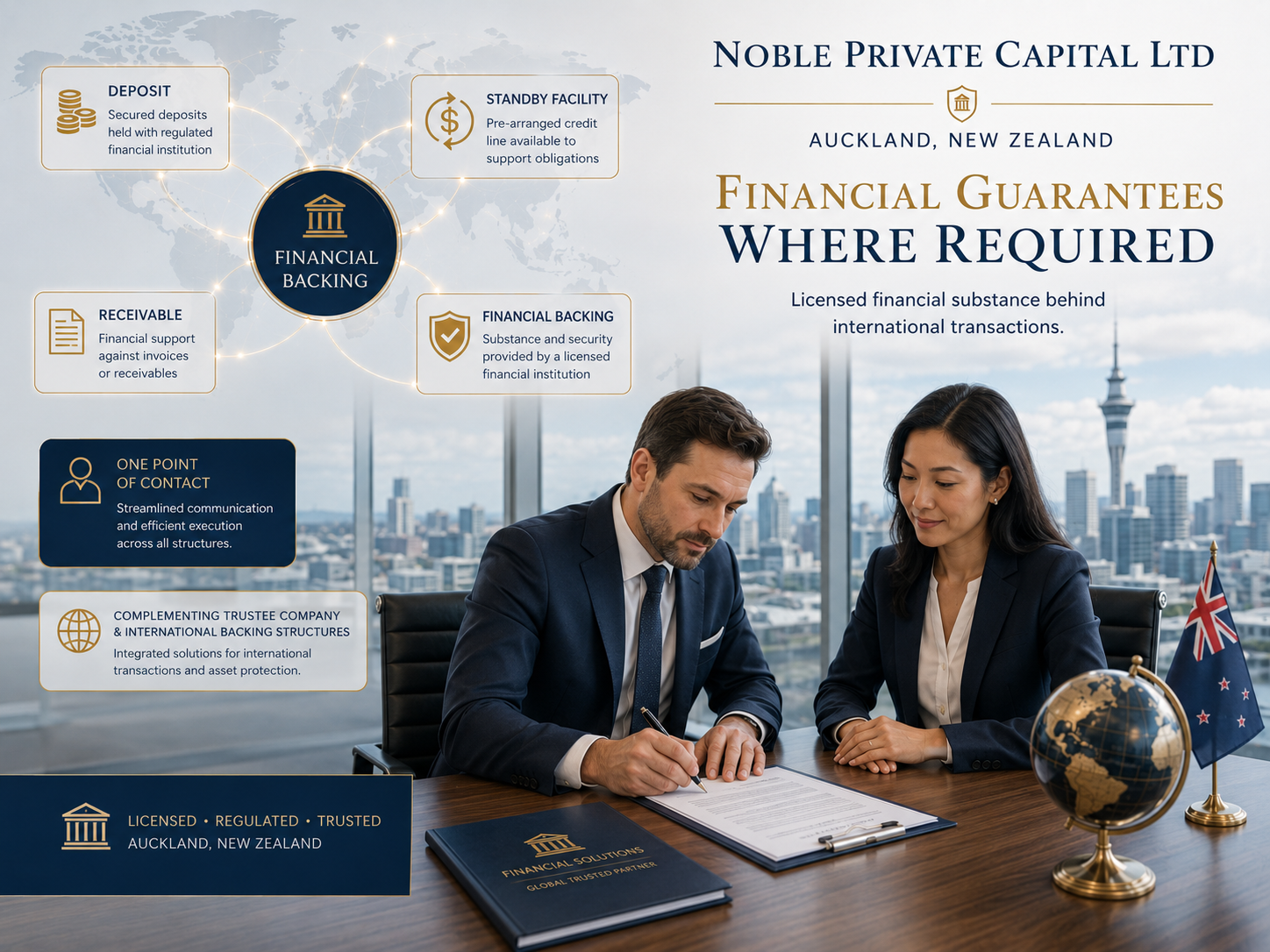 Noble Private Capital Ltd, Auckland, New Zealand — financial guarantees where required: deposits, standby facilities, receivables
